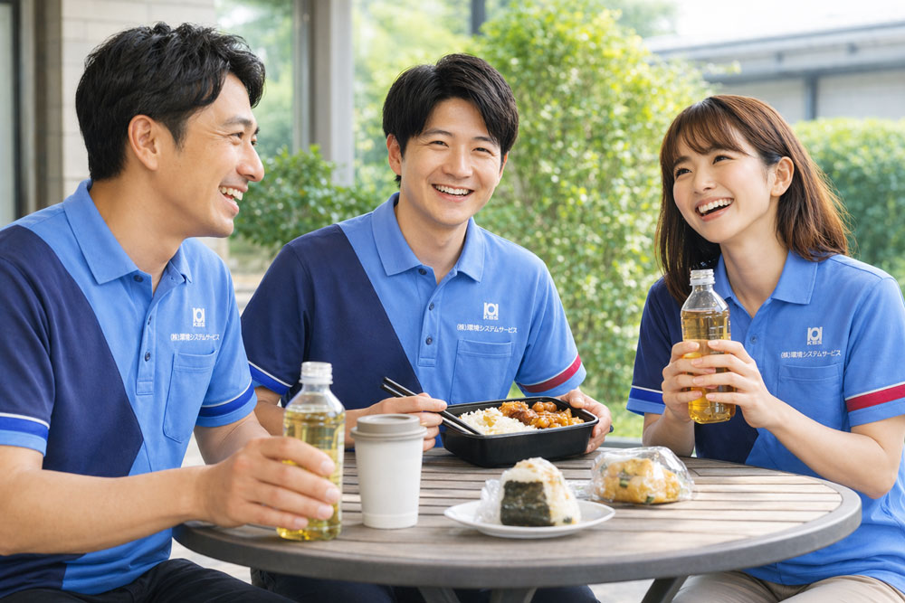 男性社員と女性社員が楽しそうに会話をしながら昼食をとっている様子