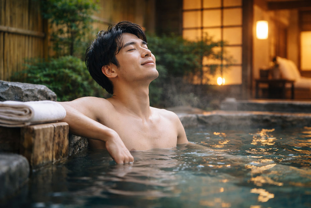 男性が温泉に気持ちよさそうにつかっている